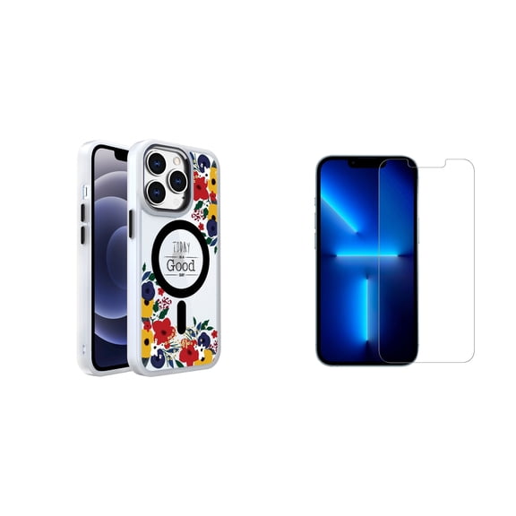Bemz Hybrid Protective Cover with MagSafe Designed for iPhone 13 Pro Max Case (Wild Flowers) with (2-Pack) Tempered Glass Screen Protectors