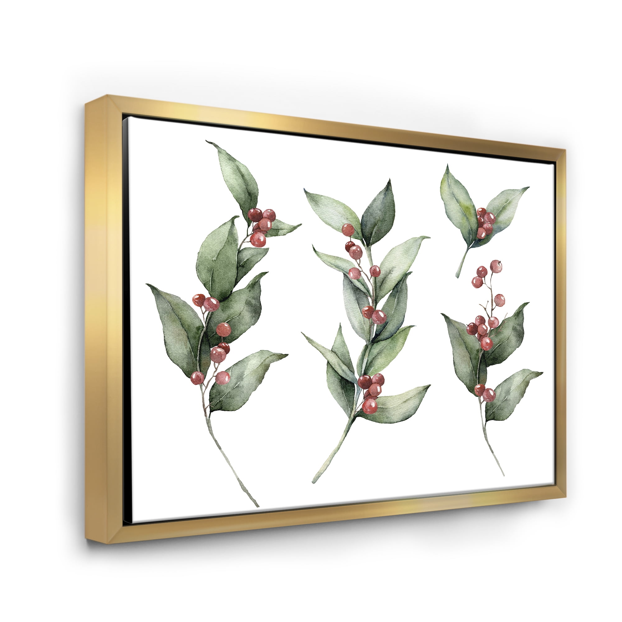 Designart 'Christmas Set Red Berrie With Branches' Traditional Framed Canvas Wall Art Print