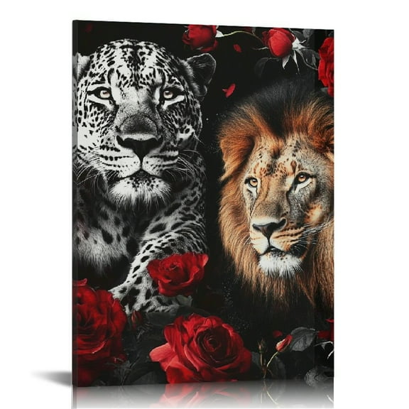 ZFLMY Lions Leopard Roses Art Modern Canvas Prints Wall Art Home Decor Living Room Bathroom Bedroom Office 12x16/16x20 inches 12x16in