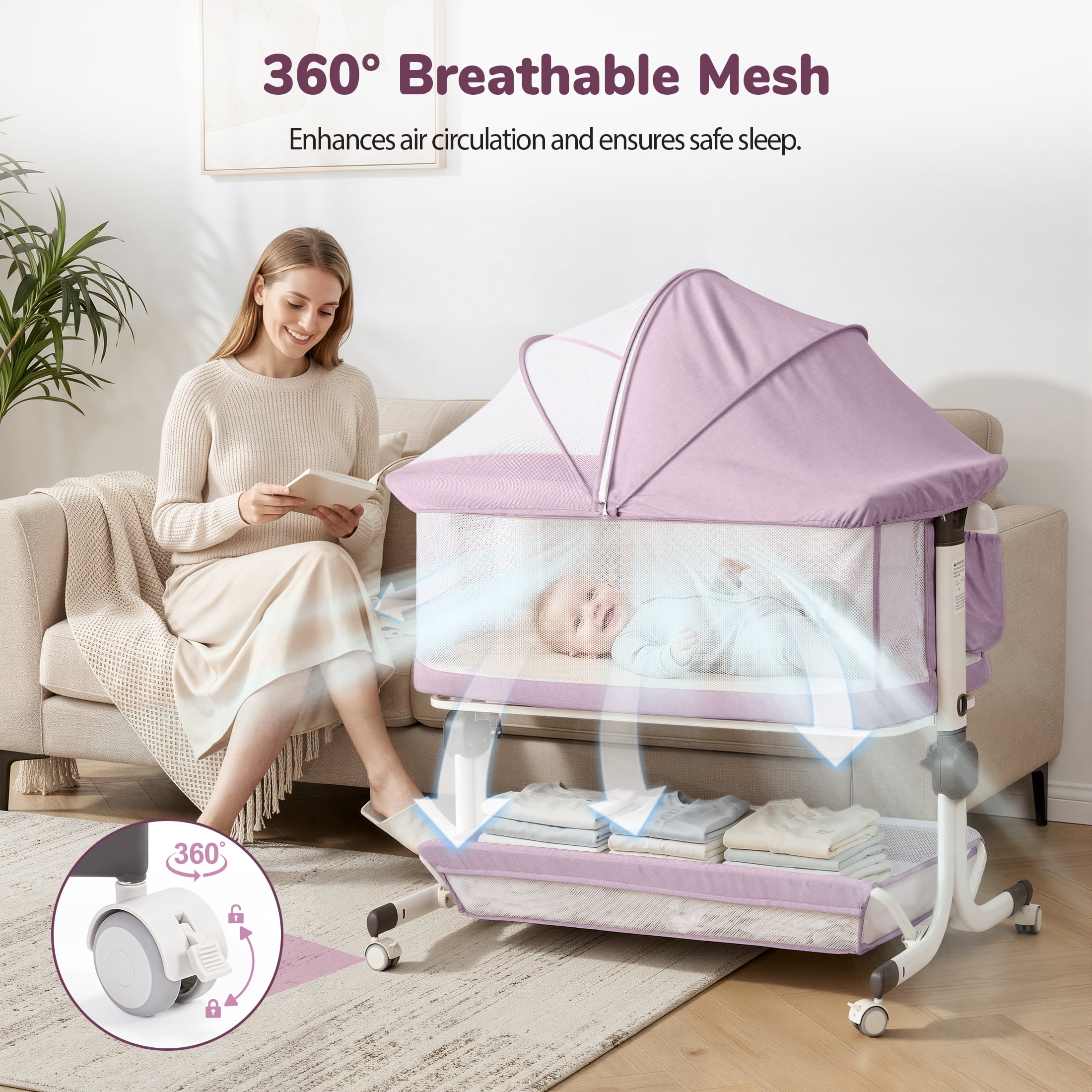 Minikid 3-in-1 Baby Bassinet Bedside Sleeper, 6 Height Adjustments, Full Mesh Breathable, Portable Newborn Baby Crib with Storage Basket, Pinkish Purple