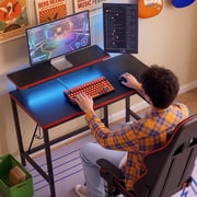 Pinmoco 42 Reversible L-Shaped Gaming Desk with Monitor Stand, LED Lights& Headset Hooks, Home Office, Carbon Fiber Black