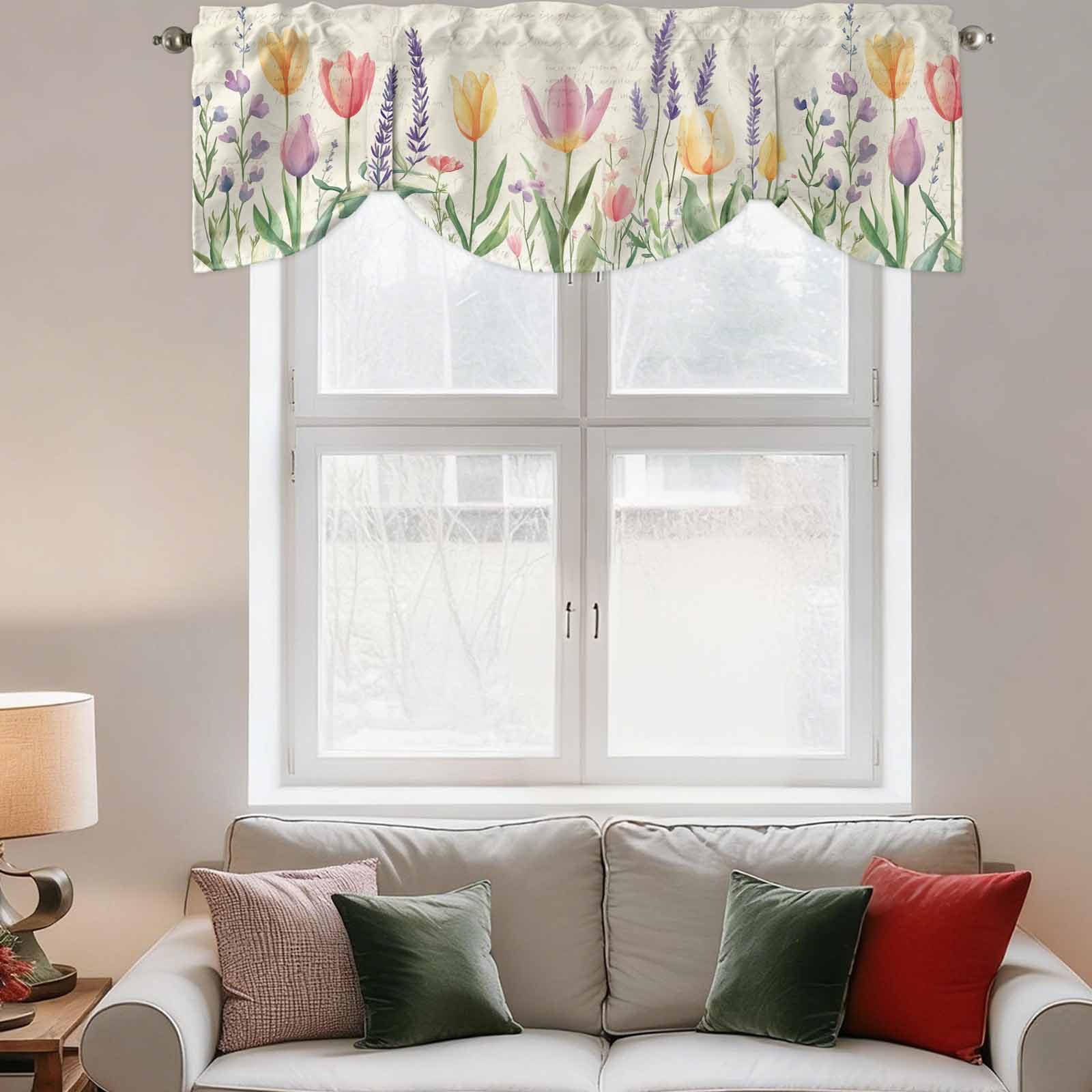 Spring Tulip Tie Up Valances Curtain, Colored Flower Plant Linen Texture Adjustable Rod Pocket Short Window Treatment Tie Up Curtains Valances for Kitchen Living Room Bathroom 54x18 Inches