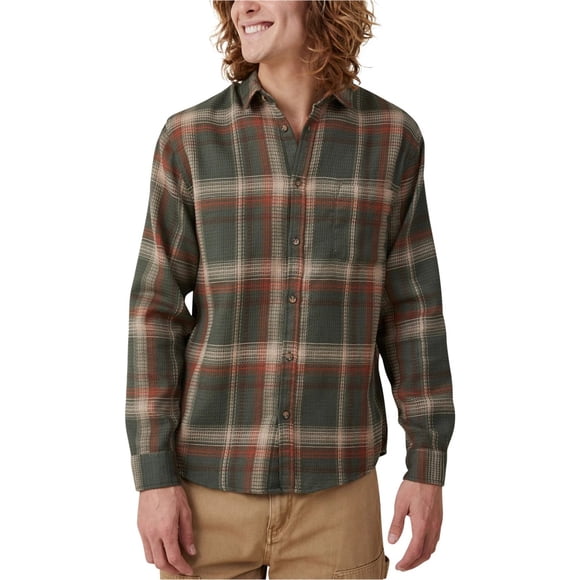 Cotton On Mens Boston Waffle Weave Button Up Shirt, green, L Neck