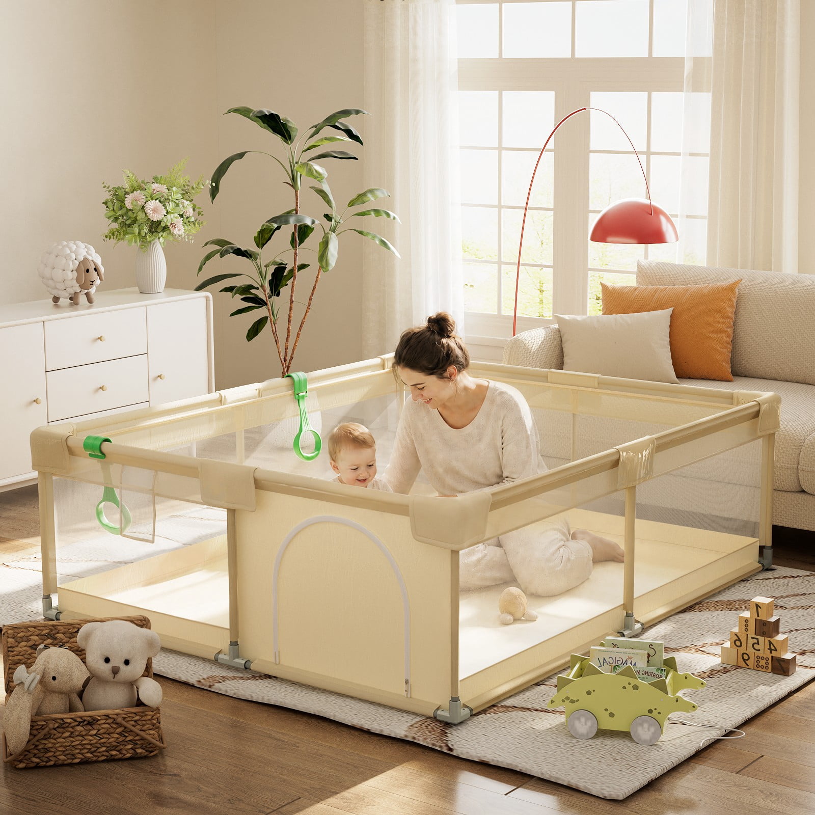 BEAUTYPEAK 71"x60" Large Baby Playpen Toddler Play Yard Fence for Boys and Girls, Pale Yellow