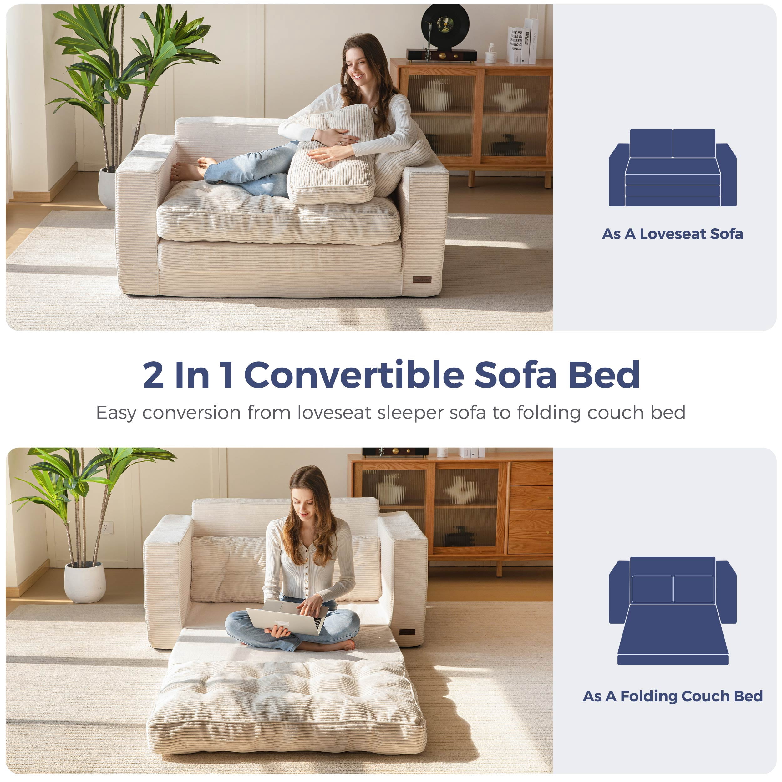 BYBYME Convertible Futon Sofa Bed,Pull Out Couch Beds Loveseat Sleeper,2 in 1 Folding Couch Bed with Pillows for Living Room Bedroom,Beige