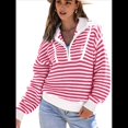 thumbnail image 3 of Suéter de Punto Acanalado de Larga con Media Cremallera A Rayas para Mujer, Tops Casuales, Cómodos y Ligeros, Moda de Otoño Rosa M, 3 of 8