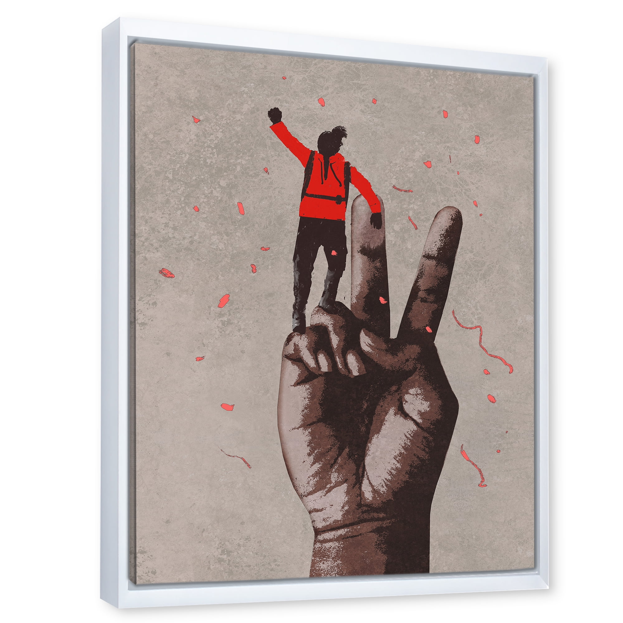 Designart 'Man With Arm Raised On Victory Sign' Modern Framed Canvas Wall Art Print