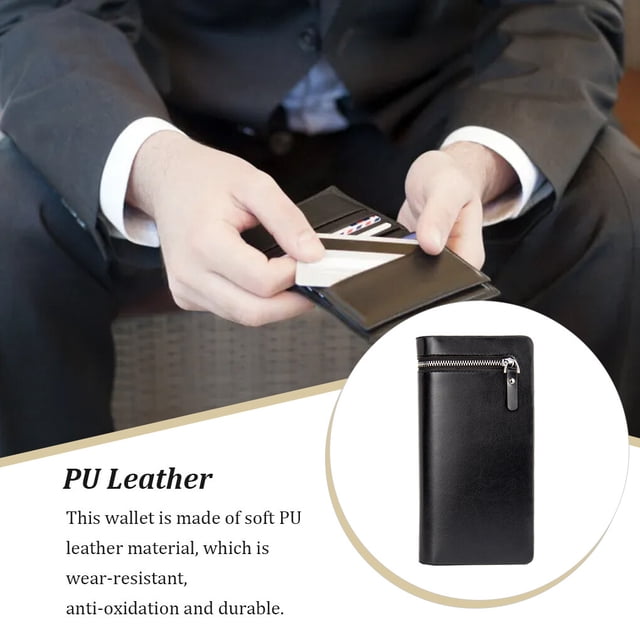 Maoww Men Long Wallet Simple Style Credit Card Holder Solid Color Purse Leather Handbag Phone Keys Multi-card Bag Large Capacity Black