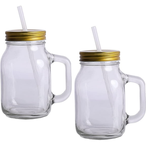 Servette Home Glass Mason Drinking Jar 20oz/600mL with Gold Lid & Straw - Set of 2