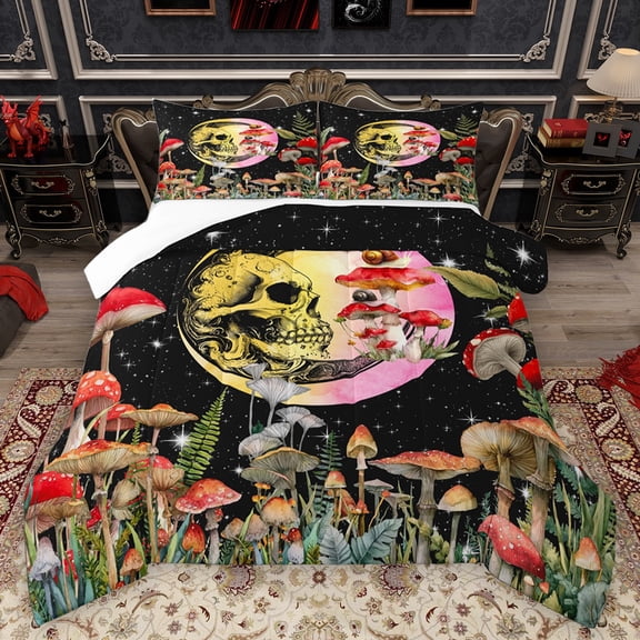 Homewish Gothic Skull Bedding Comforter Set 2pcs for Female Men Women,Starry Sky Twin Comforter Sets Microfiber,Botanical Red Mushroom Breathable Bedding Set,Microfiber Bedroom Decor