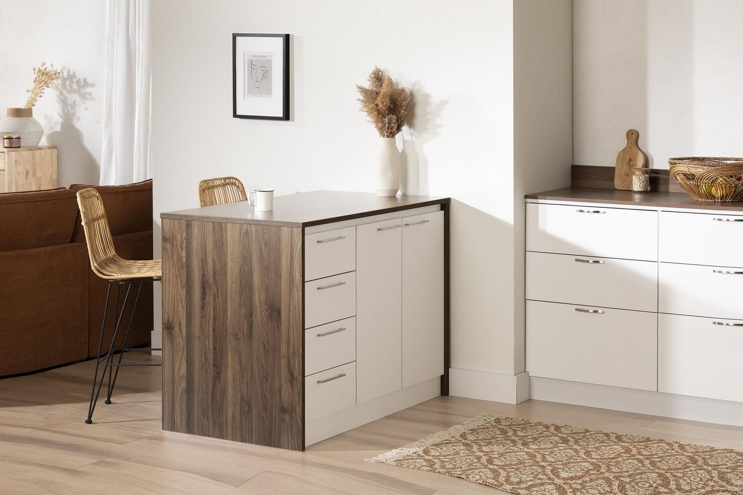 Meubles South Shore Myro Îlot de cuisine Noyer naturel et Blanc