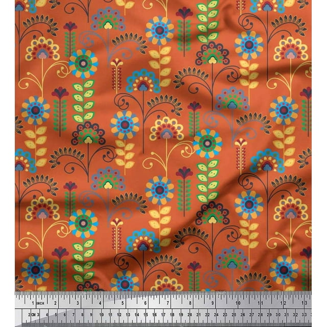Soimoi Poly Georgette Fabric Leaves & Floral Clip Art Decor Fabric Printed Yard 52 Inch Wide