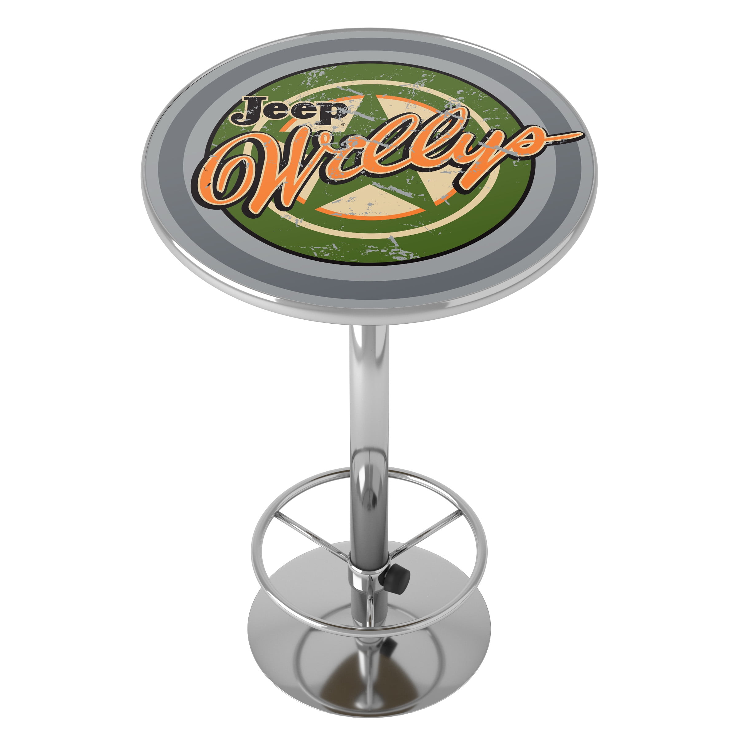 Trademark Global Chrome Pub Table Jeep Willys Vintage Bar Height High Top with Adjustable Foot Rest /& Acrylic Counter for Garage or Man Cave