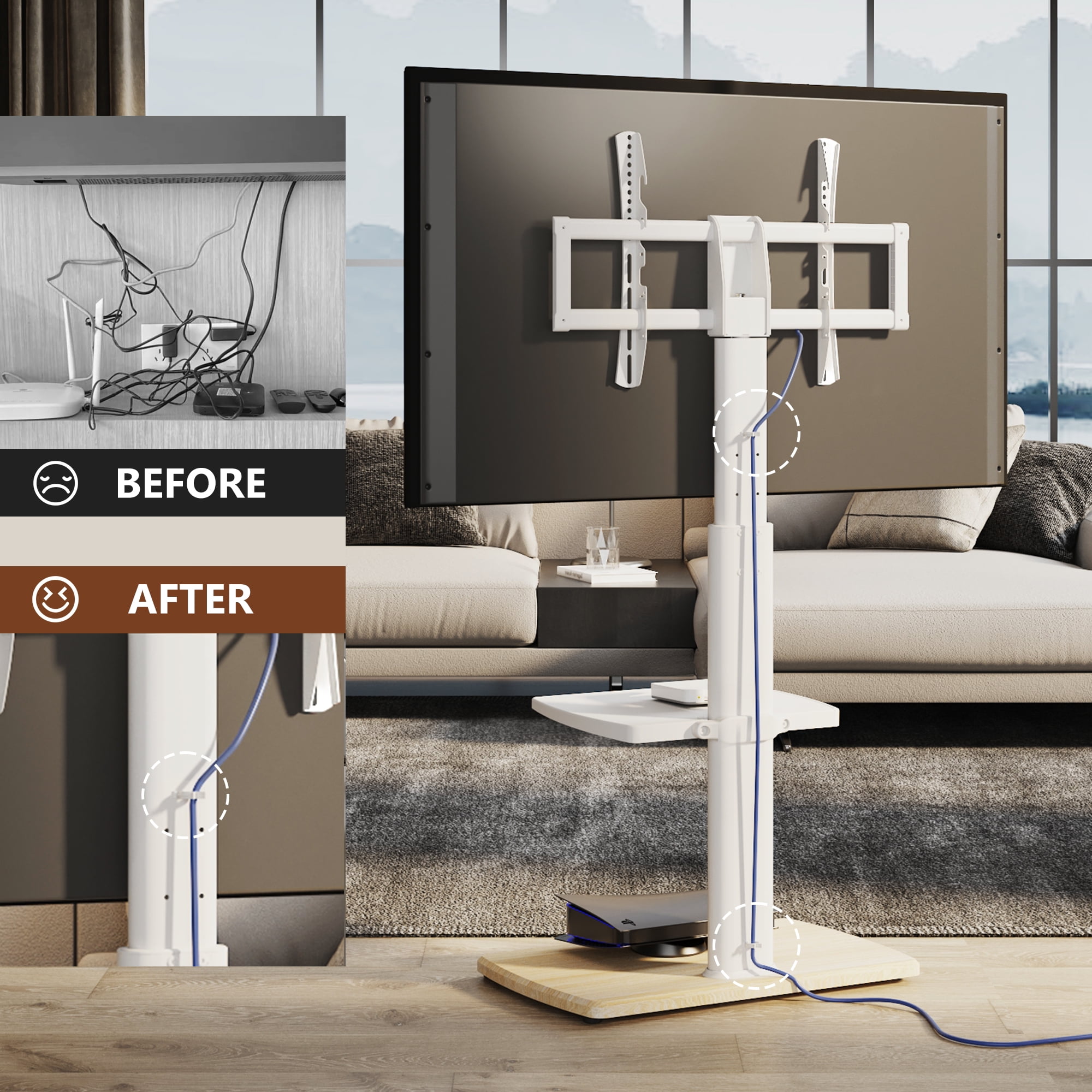 FITUEYES Universal Swivel Corner Television Stand with a Shelf, Wood White, 15.5'' W