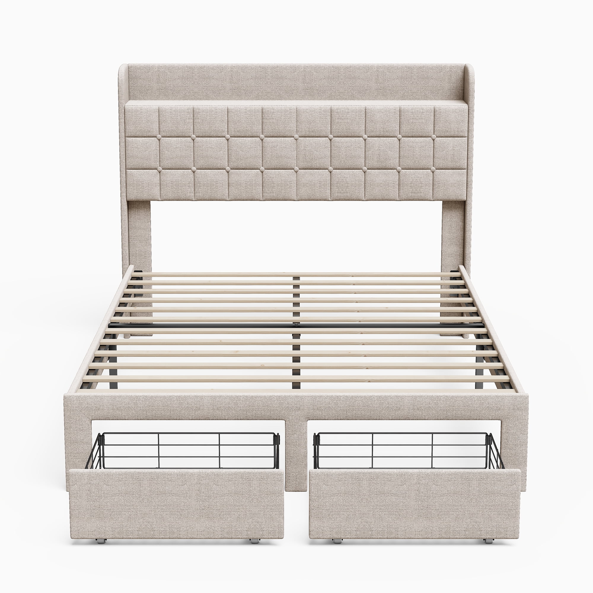 EDX Full Upholstered Platform Bed Frame with Storage Drawers and Fabric Headboard, Steel Support Frame, Beige