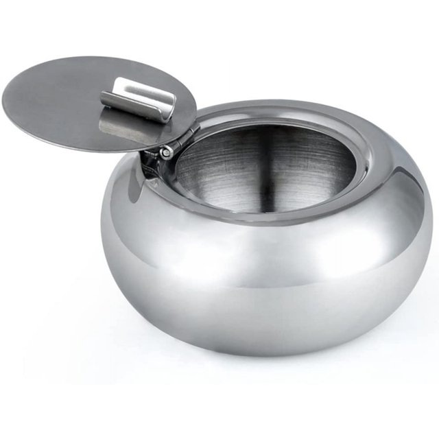 Cenicero de acero inoxidable con tapa, cenicero para cigarrillos, cenicero para fumar, cenicero de escritorio para decoración del hogar y la oficina, color plateado
