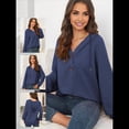 thumbnail image 4 of Sudadera con Capucha para Mujer, de Punto Gofre, Larga, Cordón Ajustable, Botones, Cuello en V, Informal, con Capucha Azul Marino M, 4 of 8