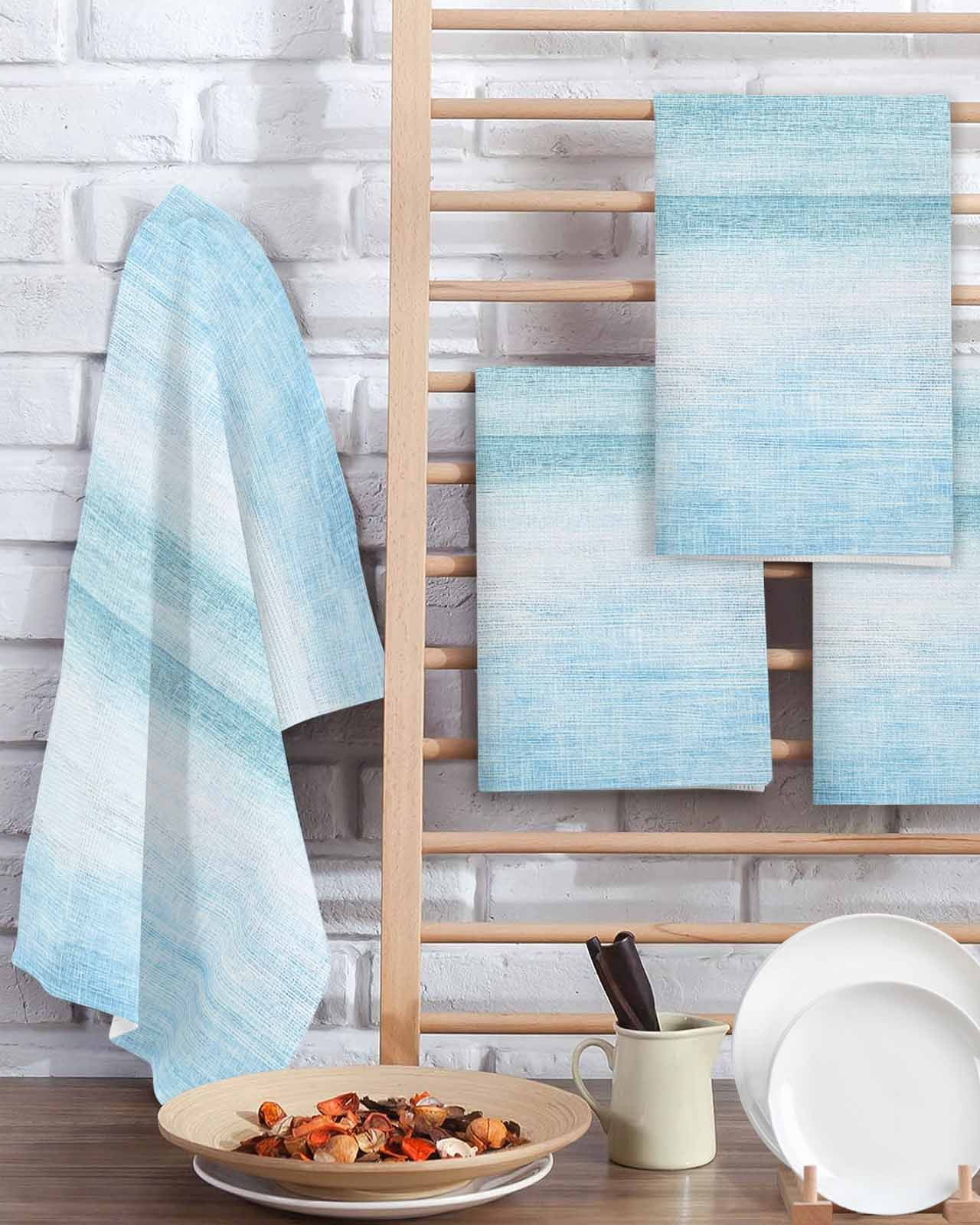 Gradient Aqua Blue Kitchen Dish Towels for Drying Dishes Set of 4, Modern Rustic Minimalist Pastel Solid Waffle Weave Microfiber Terry Hand Tea Bathroom Towels Quick Dry & Absorbent Towel 15.7x23.6