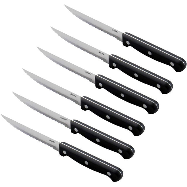 dearithe Steak Knives Set of 6, Black Full-Tang Triple Rivet Serrated Stainless Steel Sharp Blade Flatware Steak Knife Set, 4.5 Inches, for Restaurant Tableware Kitchen Camping, Dishwasher Safe