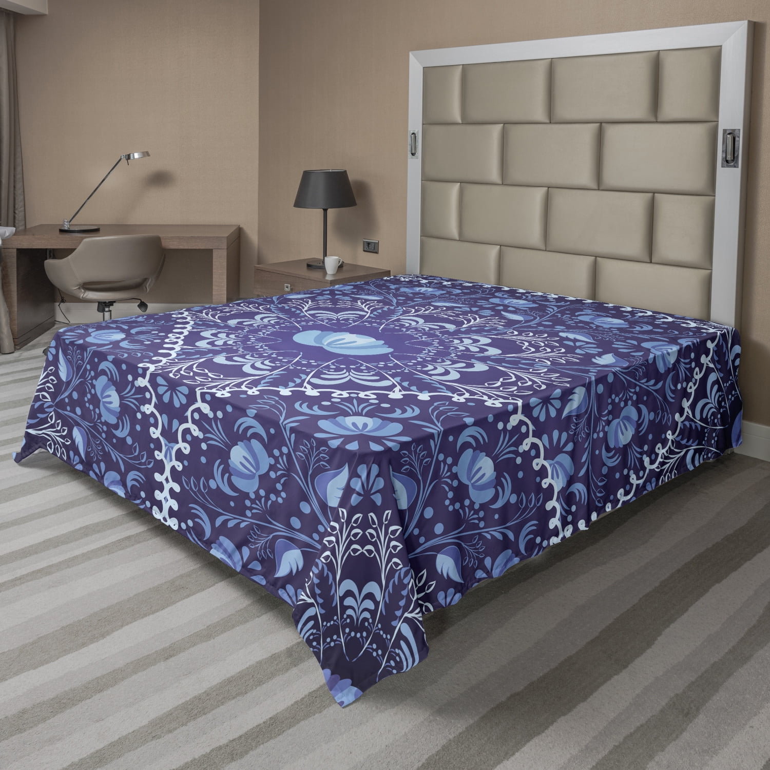 Navy Blue Flat Sheet, Circular and Floral Alike Oriental Style