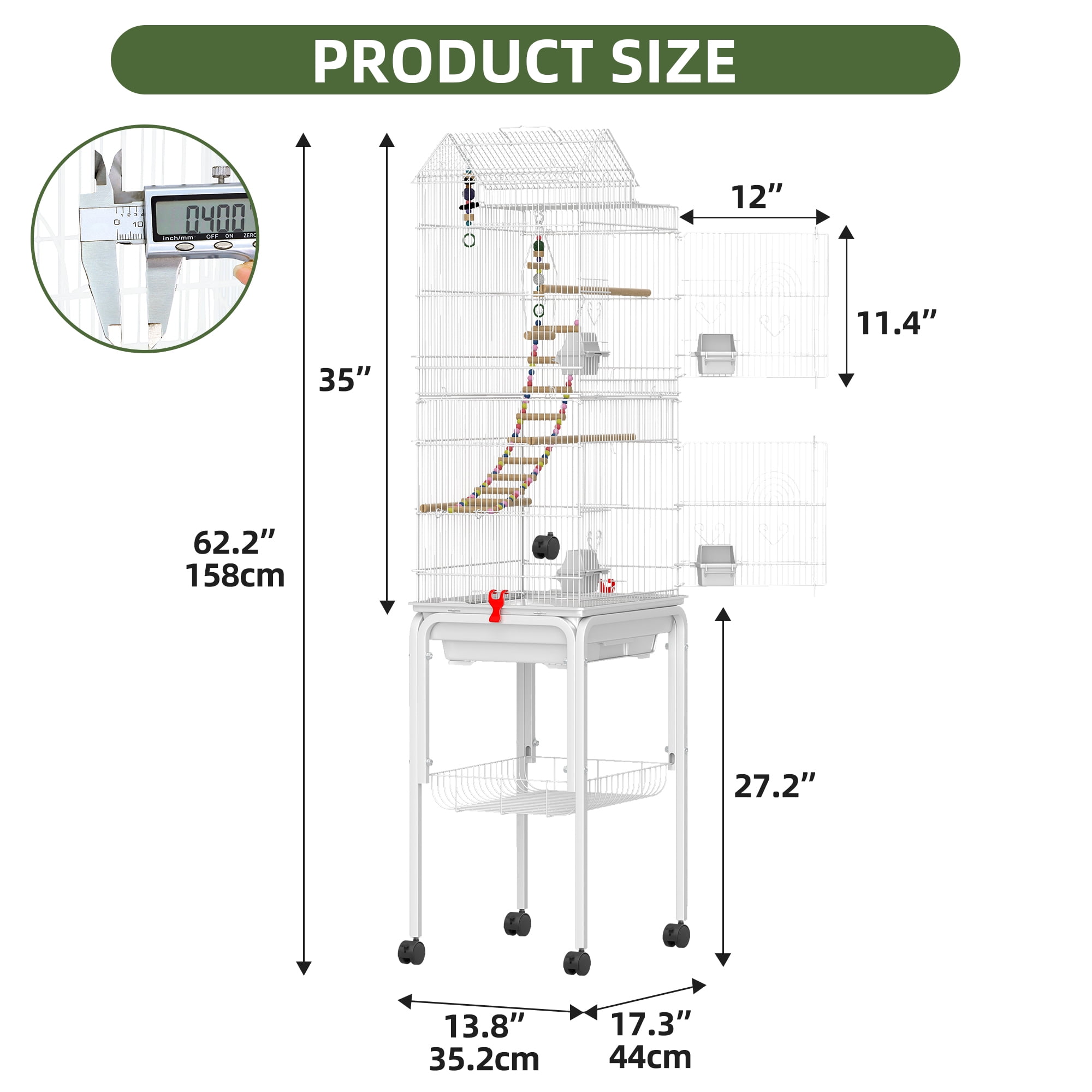Uforic 62" Rolling Metal Birdcage with Rolling Stand and Castor Wheels and 3 Perches and 4 Feeders, Slide-Out Tray, White