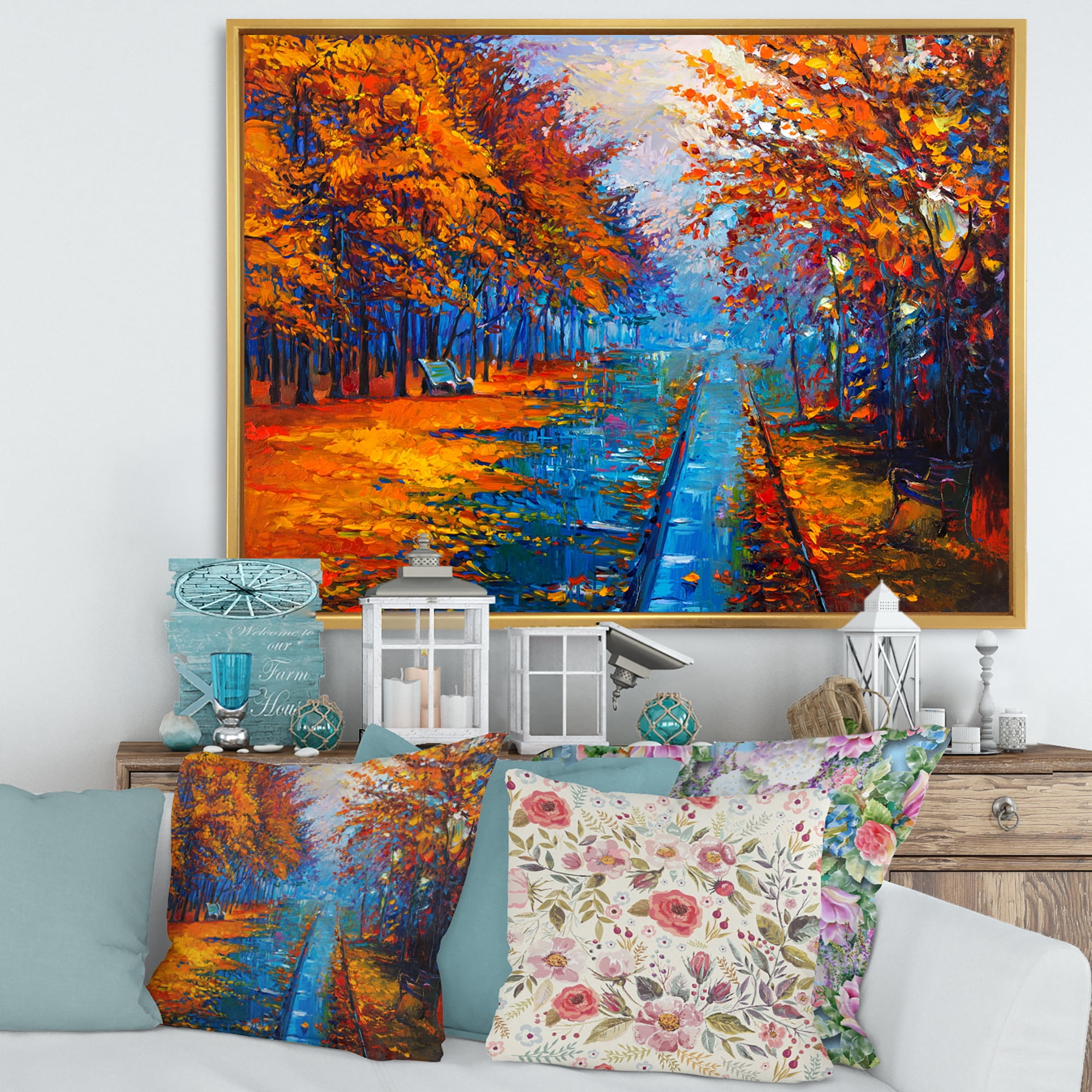 Designart 'Orange Autumn Landscape With Little Road II' Traditional Framed Canvas Wall Art Print