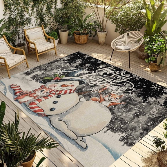 Fsddascl Black Snowman Christmas Outdoor Rug for Patio/Deck/Porch, Non-Slip Large Area Rug 5 x 8 Ft, Xmas Tree Rustic Snowflake Indoor Outdoor Rugs Washable Area Rugs, Camping Rug Carpet Runner