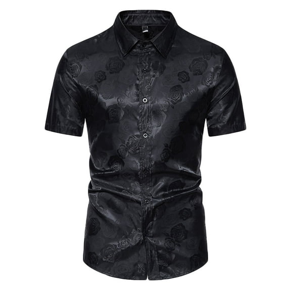 WREESH Men's Casual Fashion Dress Shirts Turn Down Collar with Short Sleeve Solid Print, Featuring a Stylish Rose Print Design Black