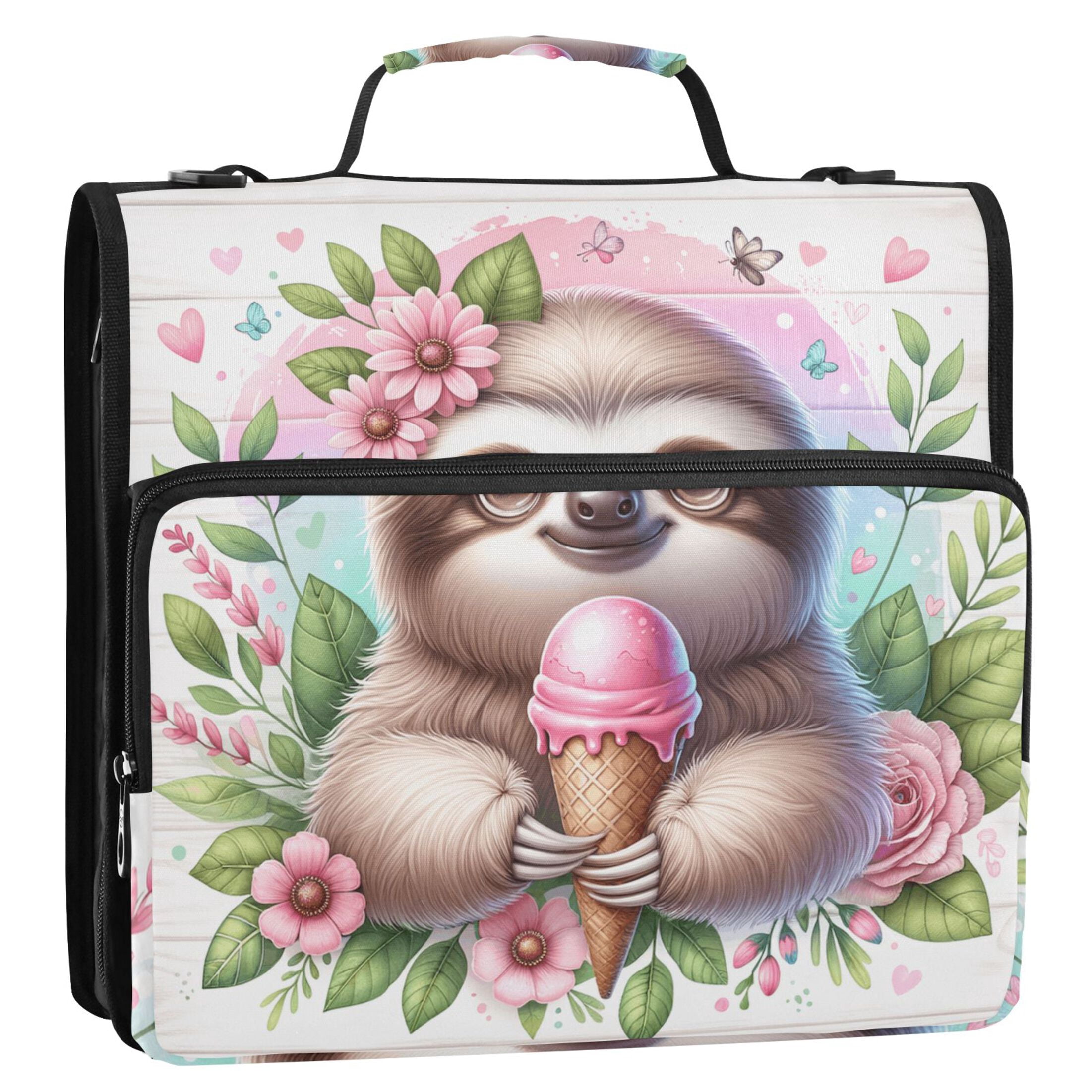 3 Ring Zipper Binder with Shoulder Strap Waterproof Trapper Keeper 2 Inch D-Ring 500 Sheets Capacity Cute Sloth with Ice Cream