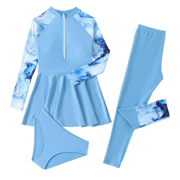 FINALGANG Girls Kids Marble Print 3 Piece Swimsuit Set Long Sleeve Half Zip Stretchy Cover Up Leggings Brief For Beach Swimming Water Activities Classic Swimwear