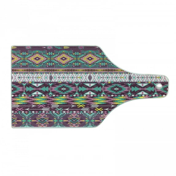 Tribal Cutting Board, Traditional Pattern Geometrics and Arrows Art, Decorative Tempered Glass Cutting and Serving Board, Wine Bottle Shape, Teal Purple Yellow, by Ambesonne