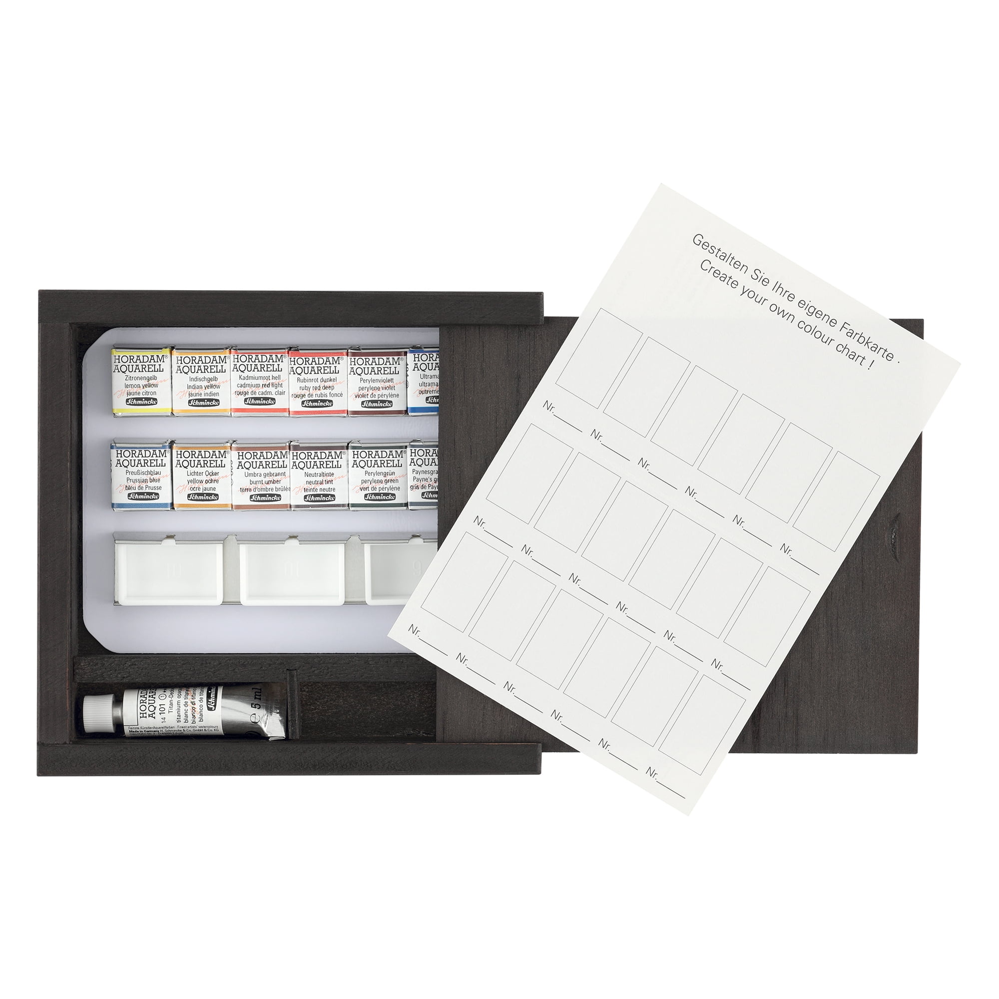 Schmincke Horadam Watercolor Set - Exclusive Limited Edition Wooden Box -12 Half Pans, 5ml Titanium White, 3 Empty Pans, Made in Germany for professionals, artists, painters