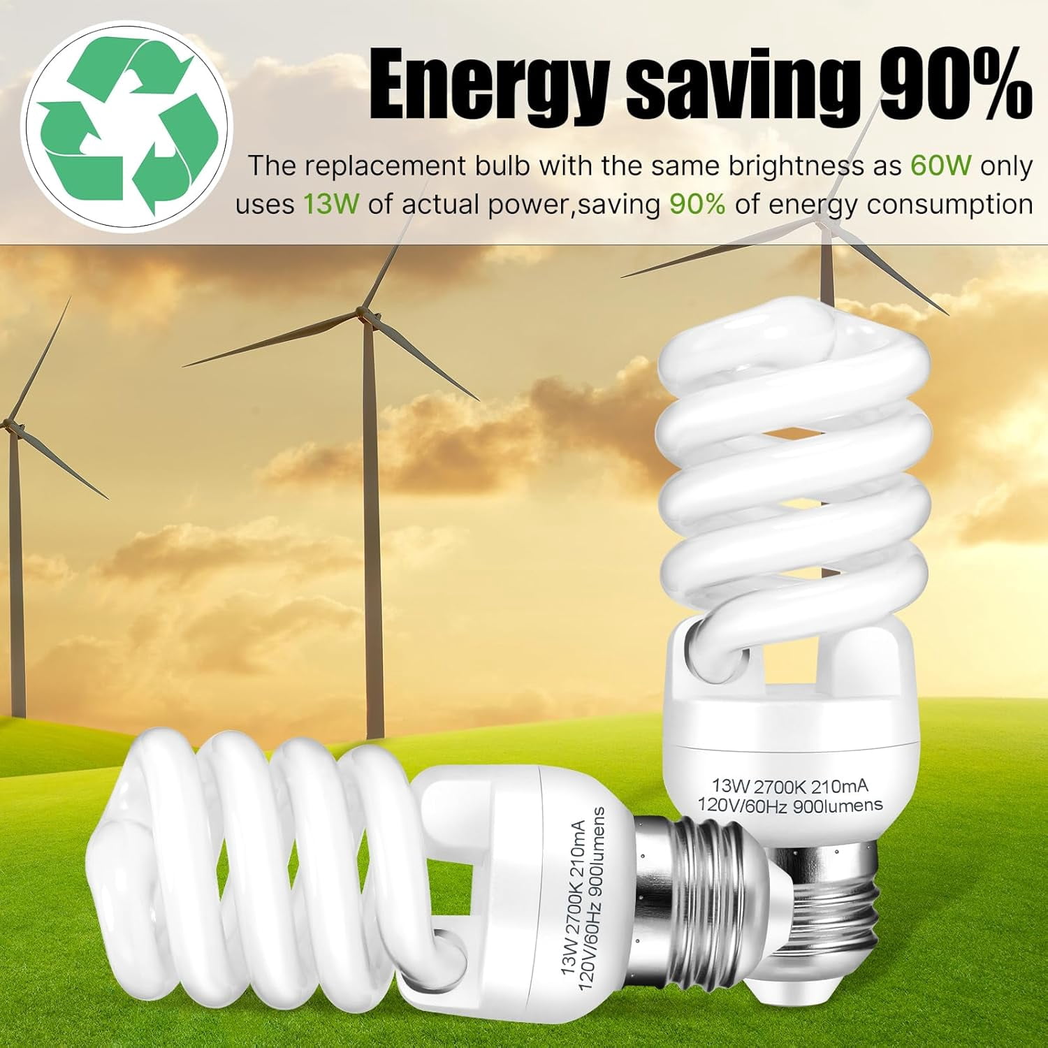 E26 CFL Light Bulbs 13Watt T2 Spiral Soft White 2700K 900lm Medium Base Compact Fluorescent Bulbs UL Approved 120v 60Hz Self Ballasted (60Watt Equivalent) Pack of 4