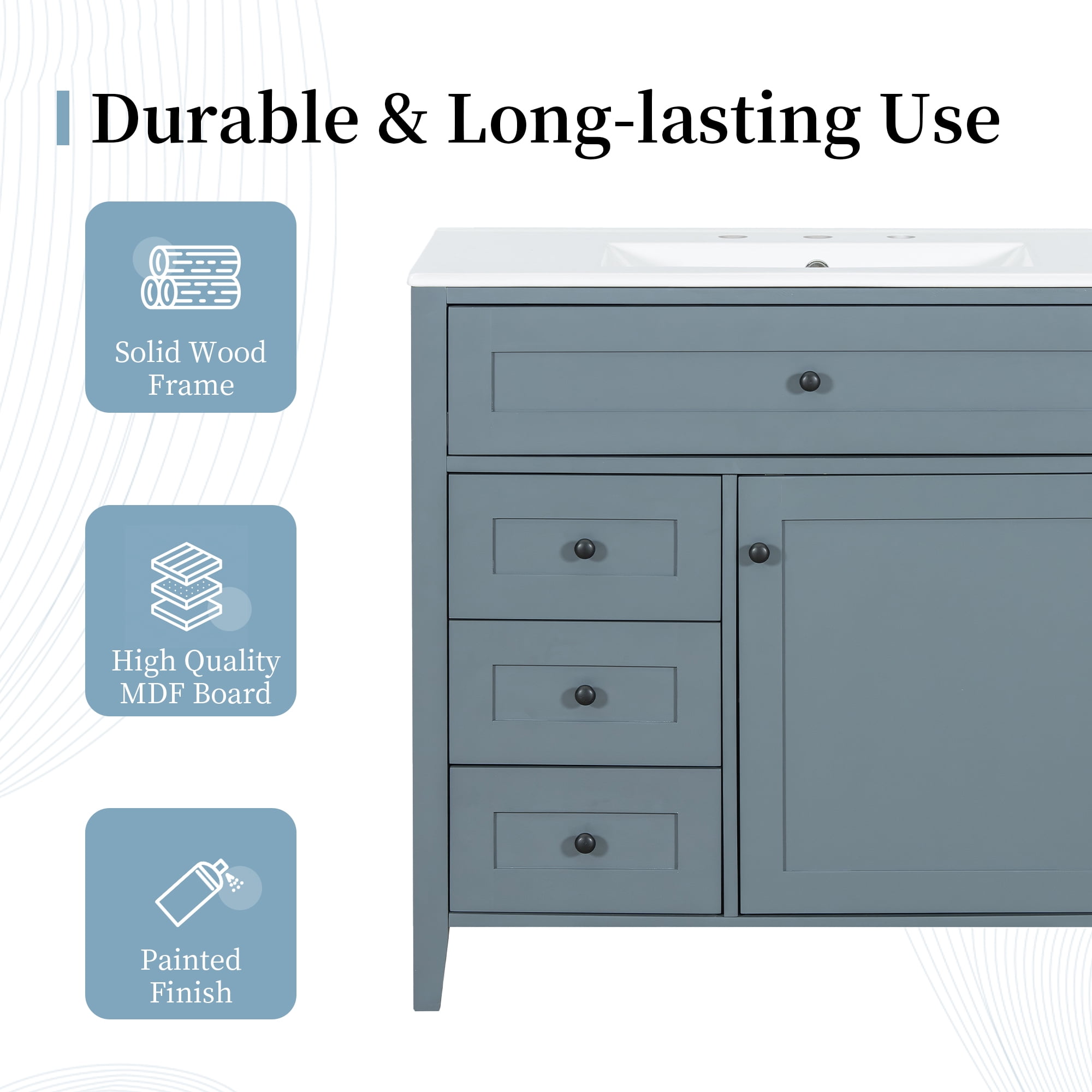 Euroco 36-Inch Blue Gray Bathroom Vanity with Sink, Modern MDF and Rubberwood Cabinet with 3 Drawers and Adjustable Shelf, Freestanding Vanity for Bathroom Storage and Organization