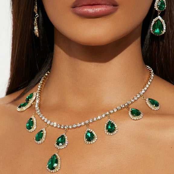 Cross-border New French Vintage Teardrop Necklace and Earrings Set Minimalist Luxury Rhinestone Jewelry Set