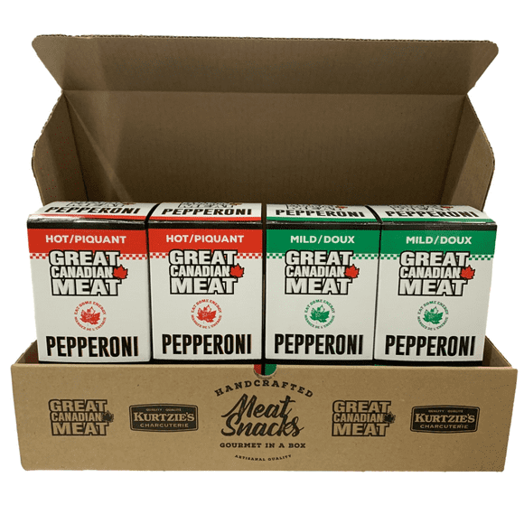 Great Canadian Meat Mild & Hot Pepperoni Sticks Bulk Box - 72 x 22g Caddies, High Protein Meat Snacks - Gluten-Free, 1-Year Shelf Life, Perfect for On-the-Go Snacking, Hiking, Camping