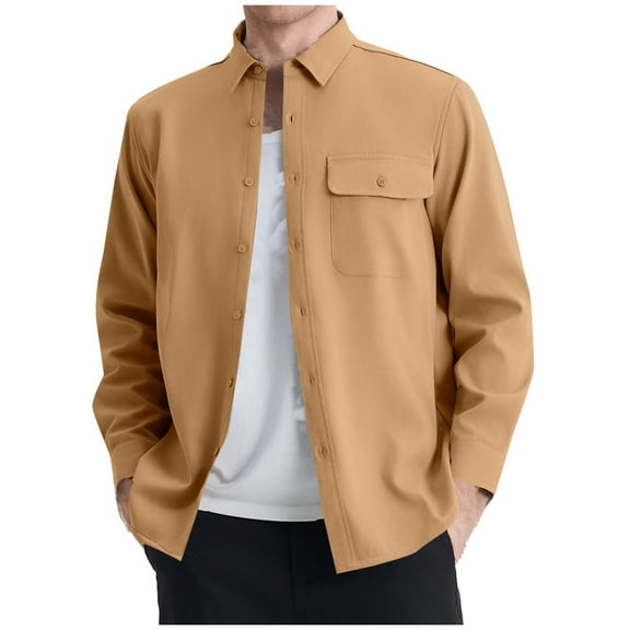 Sherpa Lined Jacket Men, Long Sleeve Button Down Fleece Flannel Shirt Shacket Jackets for Men with Pockets (XL, Khaki)