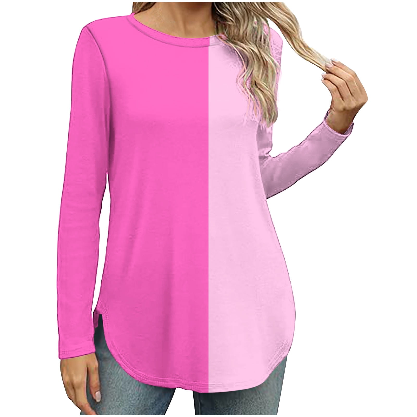 HKEJIAOI Women's Casual Long Sleeve T Shirt Round Neck Side Split