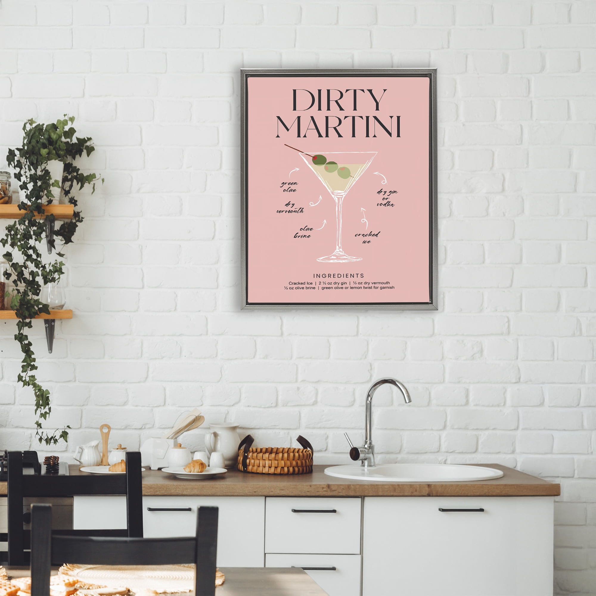 Stupell Industries Dirty Martini Pink Recipe Gray Framed Floater Canvas Wall Art, design by Lettered and Lined