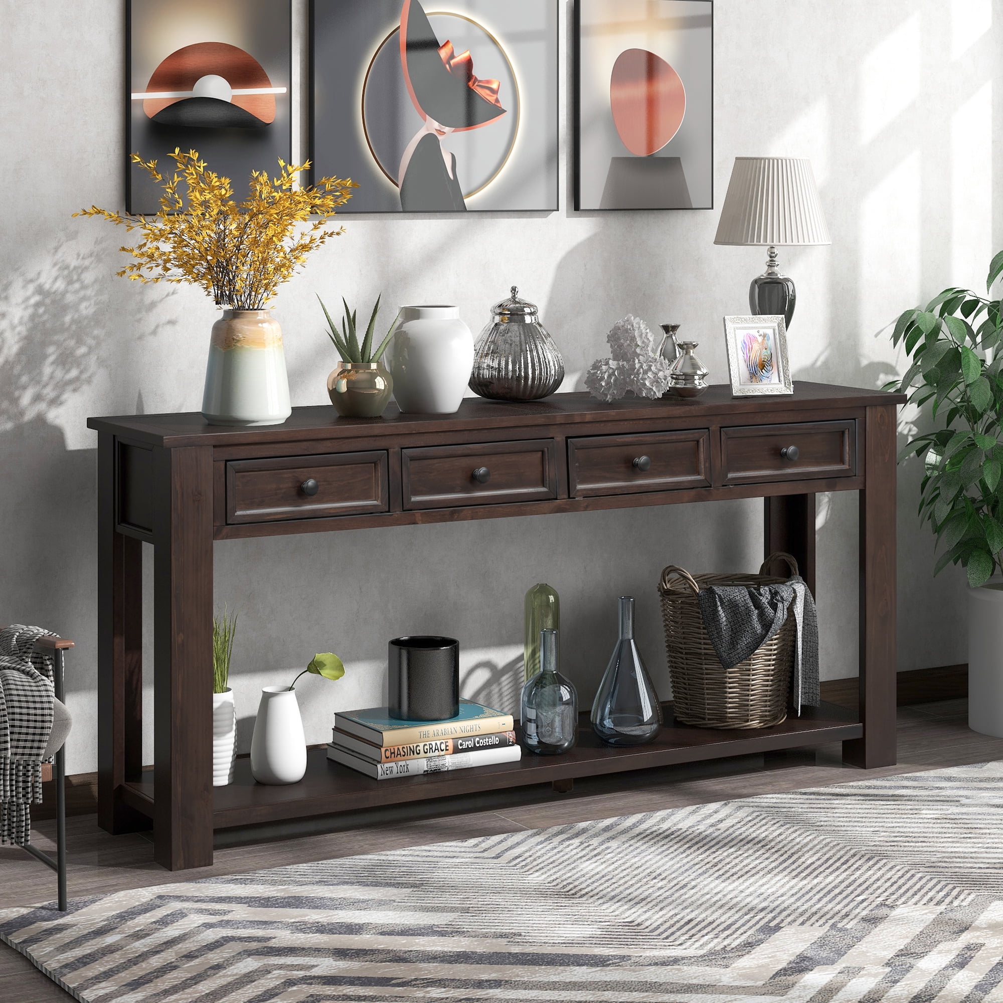 EUROCO 63" 4-Drawers Console Table with Long Bottom Shelf, Espresso