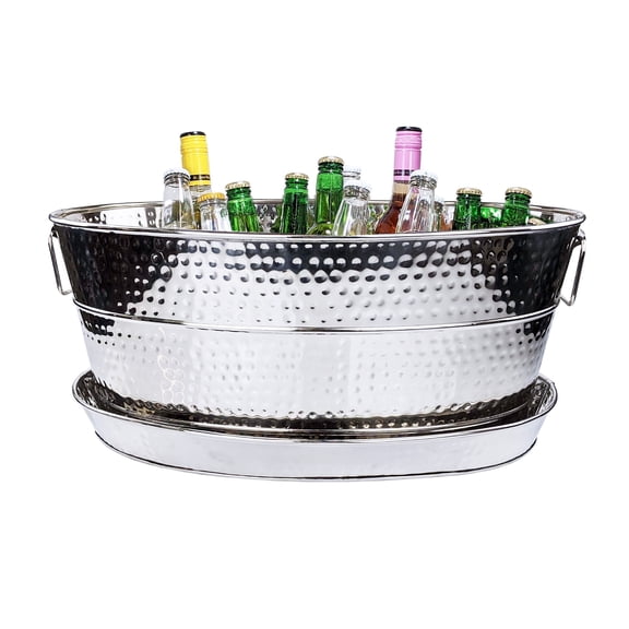 BREKX Aspen Oval Hammered and Smooth Beverage Tub with Tray, Rust Proof
