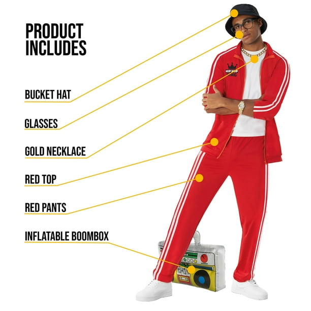 Morph Mens 90s Hip Hop Tracksuit Costume with Accessories, Red, XL