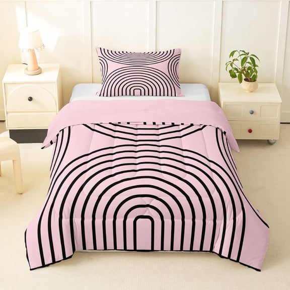 Homewish Abstract Stripes Twin Comforter Sets,Classic Geometric Bedding Set,Pink Black,Pink Reversible,2 Pieces,1 Comforter and 1 Pillowcase