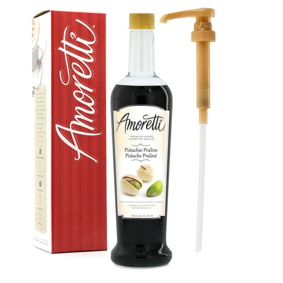 Amoretti - Premium Pistachio Praline Syrup, 94 Servings Per Bottle (750 ml), with Pump for Flavoring Coffees, Cocktails, and other Beverages, Gluten Free, GMO/GEO Free, Preservative Free