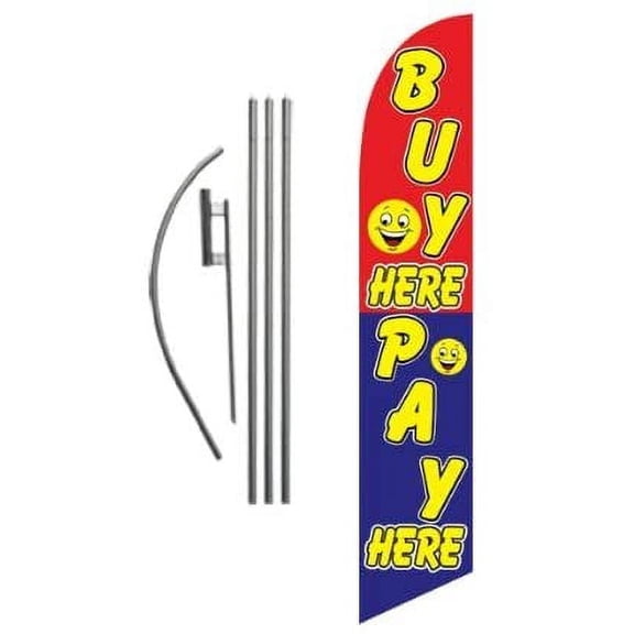 Buy Here Pay Here Advertising Feather Banner Swooper Flag Sign with 15 Foot Flag Pole Kit and Ground Stake, Red and Blue