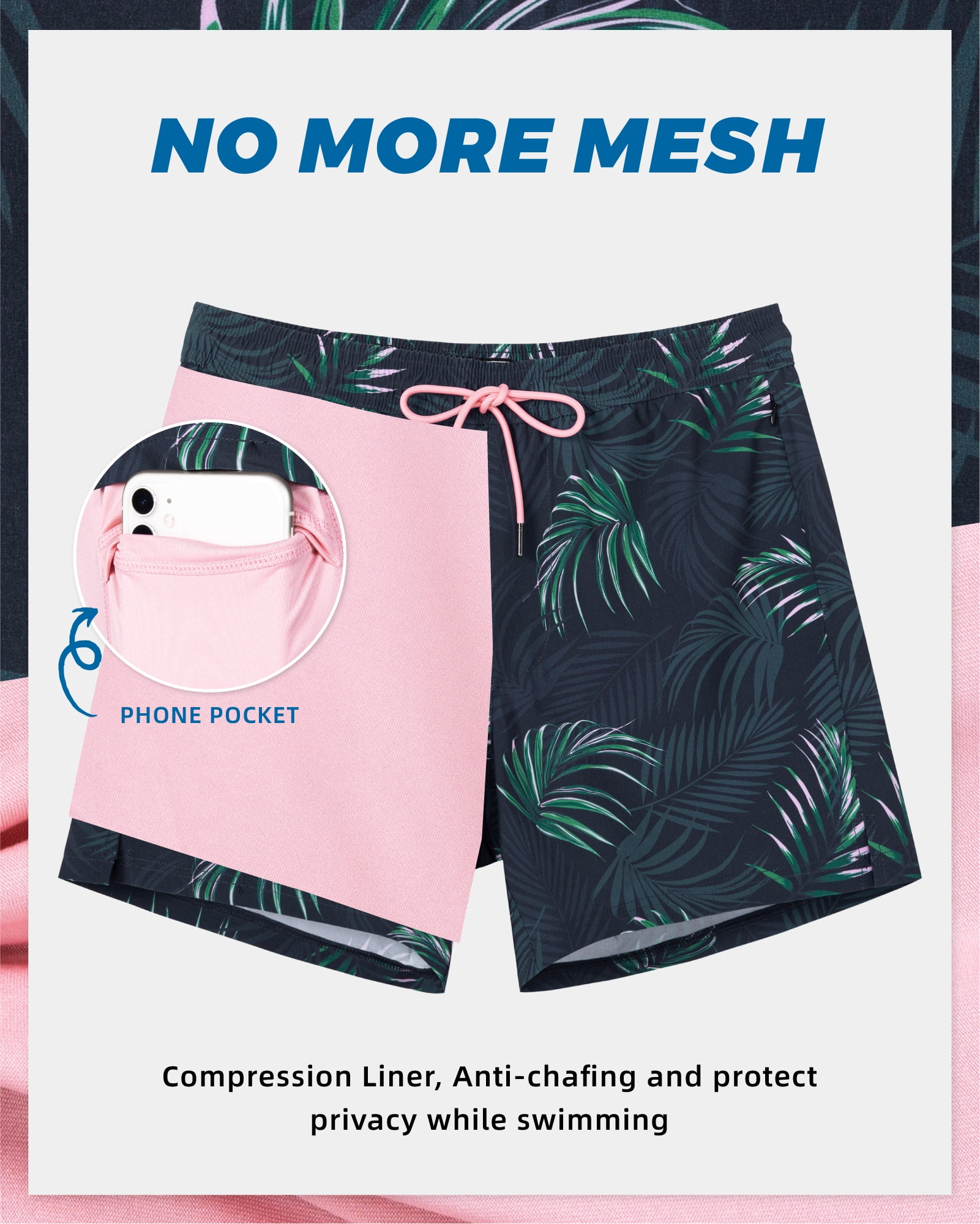 SURF CUZ Mens Swim Trunks with Compression Liner Mens Swimming Trunks 5 Inch Bathing Suit with Zipper Pockets Quick Dry Swim Shorts 02 Black Pink Tropical Large