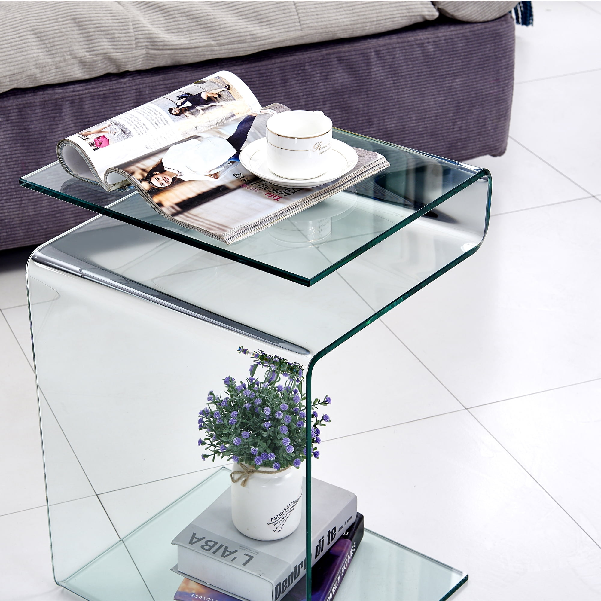 SMARTIK Clear Glass Nightstand, Modern Indoor S-Shape End Table, 16.55" x 14.56" x 24"