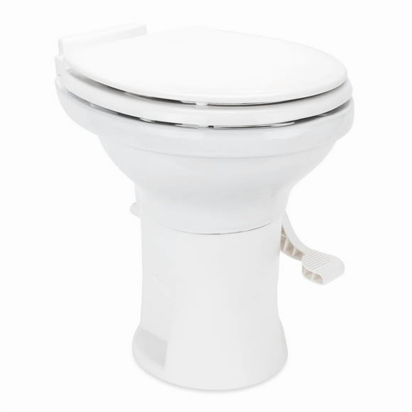 Camco Toilet 41710 High Profile; Round Seat With 18 Inch Seat Height; Slow Close Wood Seat And Lid; Pedal Flush Control; Full Bowl Flush; White ABS Toilet With Ceramic Bowl; Without Hand Sprayer