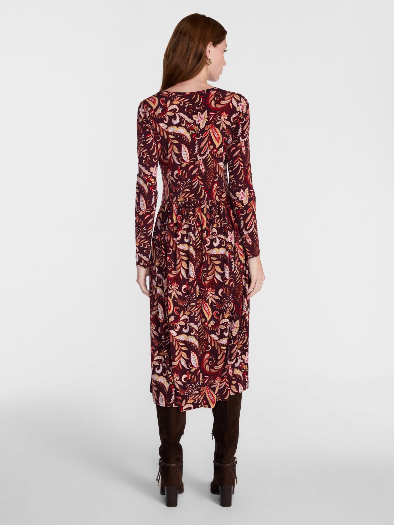 Scenario Women's Scoop Neck Midi Dress with Long Sleeves, Sizes XS-XXXL