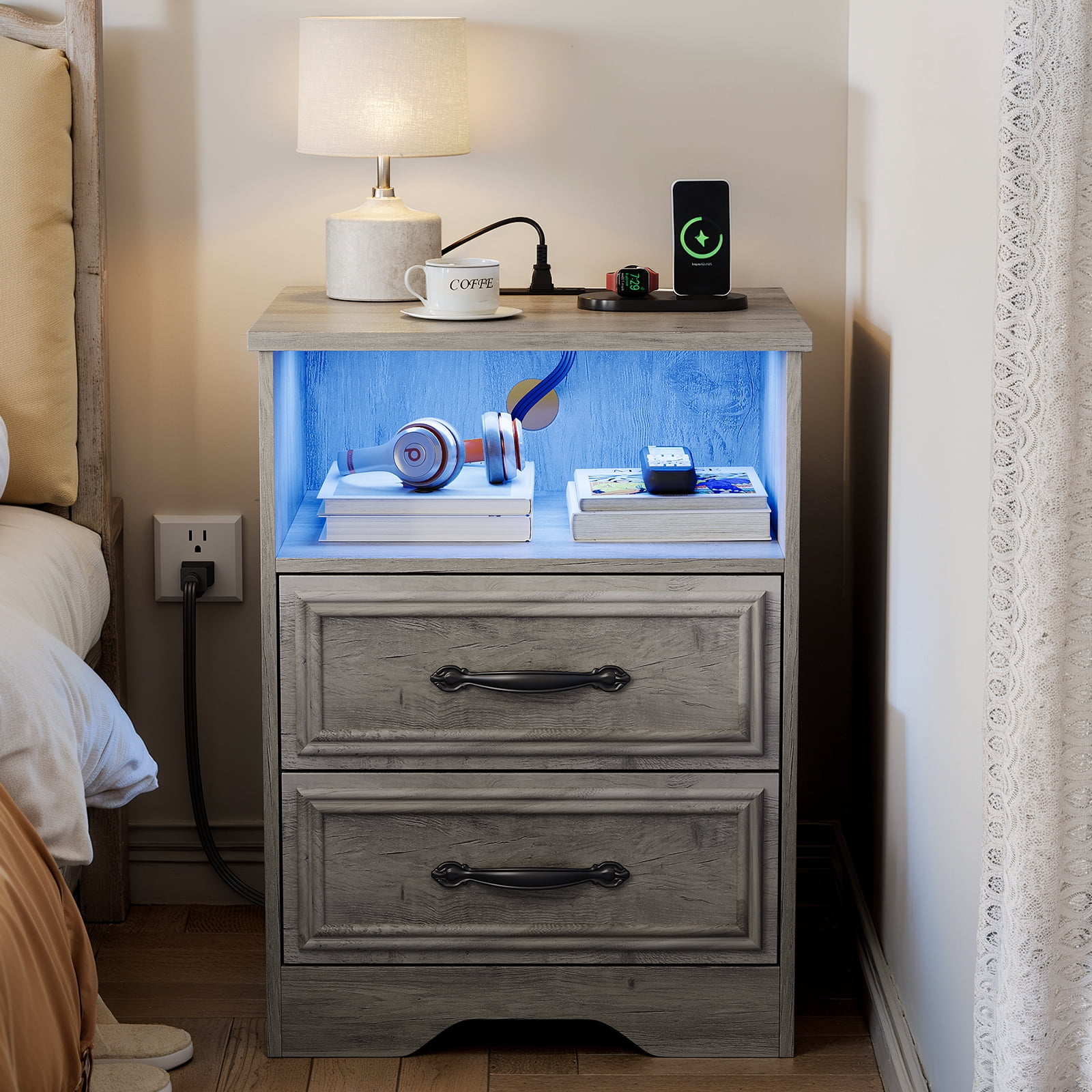 17.7 inch Wide Nightstand with Charging Station&LED , Bedside Table with Open Shelf, 2 Drawers Small Wood Dresser, End Side Table for Bedroom (Gray Wash)